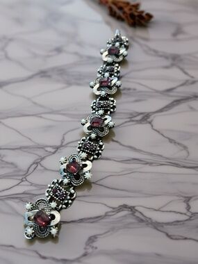 Vintage Silver Tone Purple and Pearl Bracelet And Earring Set